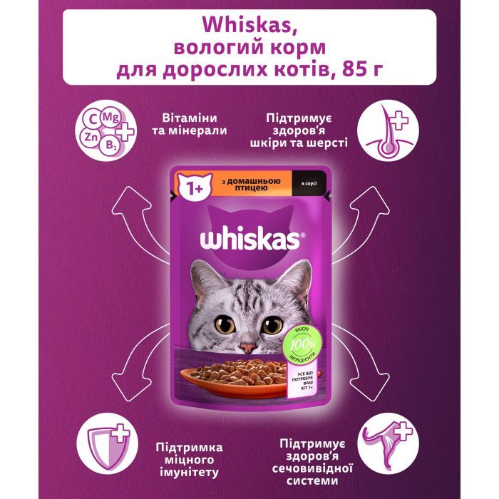 Вологий корм для кішок Whiskas Домашній птах у соусі 85 г (5900951302015) зображення 5