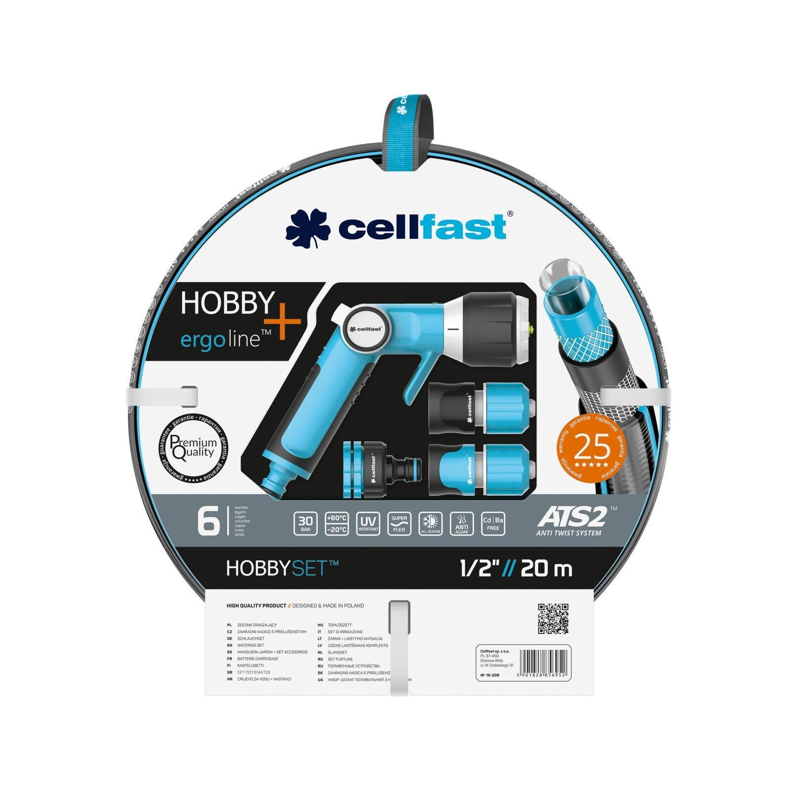 Поливочный шланг Cellfast набор HOBBY ATS2, 1/2”, 20м, 6 слоев, ороситель, комплект подключения (16-209)