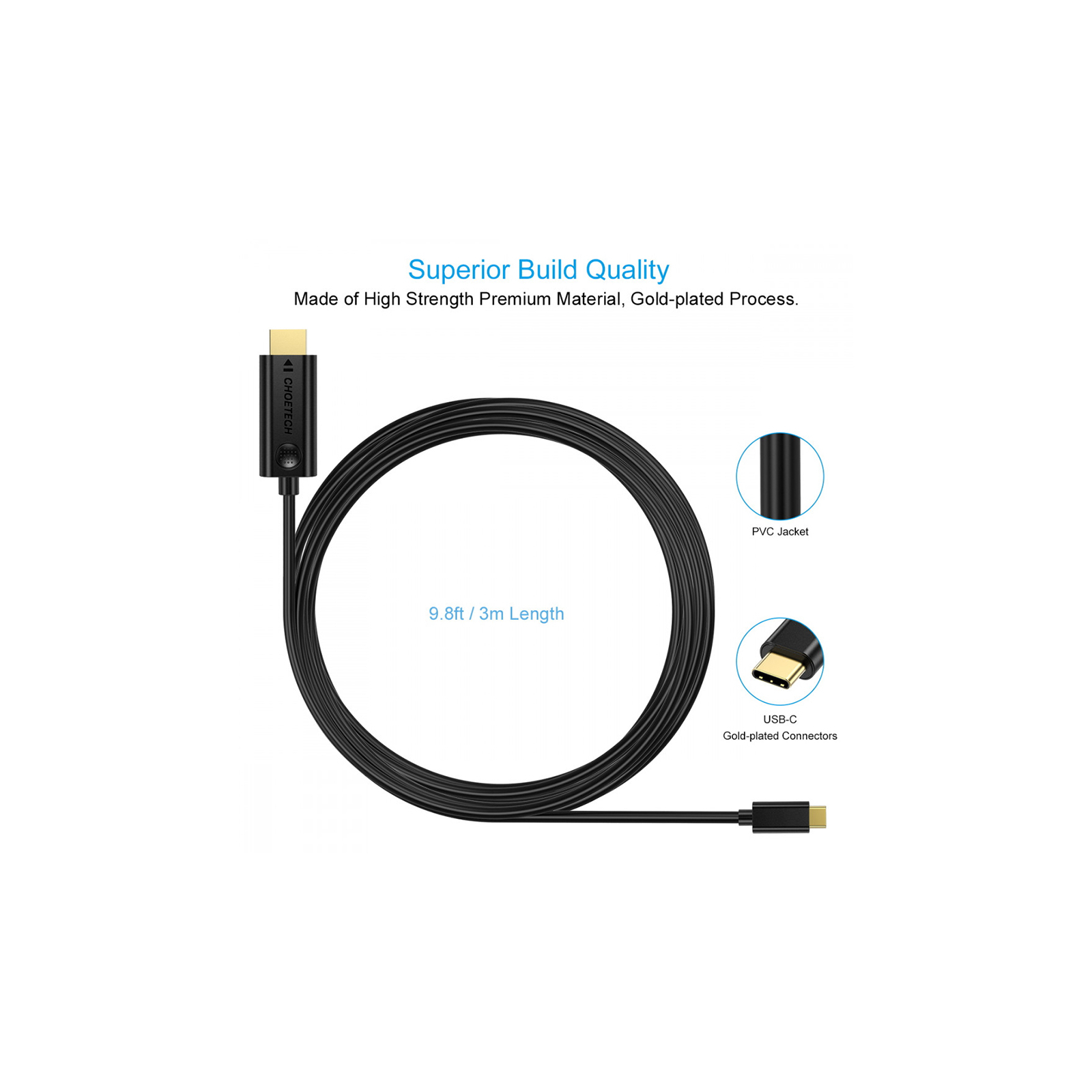 Кабель мультимедійний USB-C to HDMI 3.0m USB 3.1 Thunderbolt 3 Choetech (XCH-0030) зображення 4