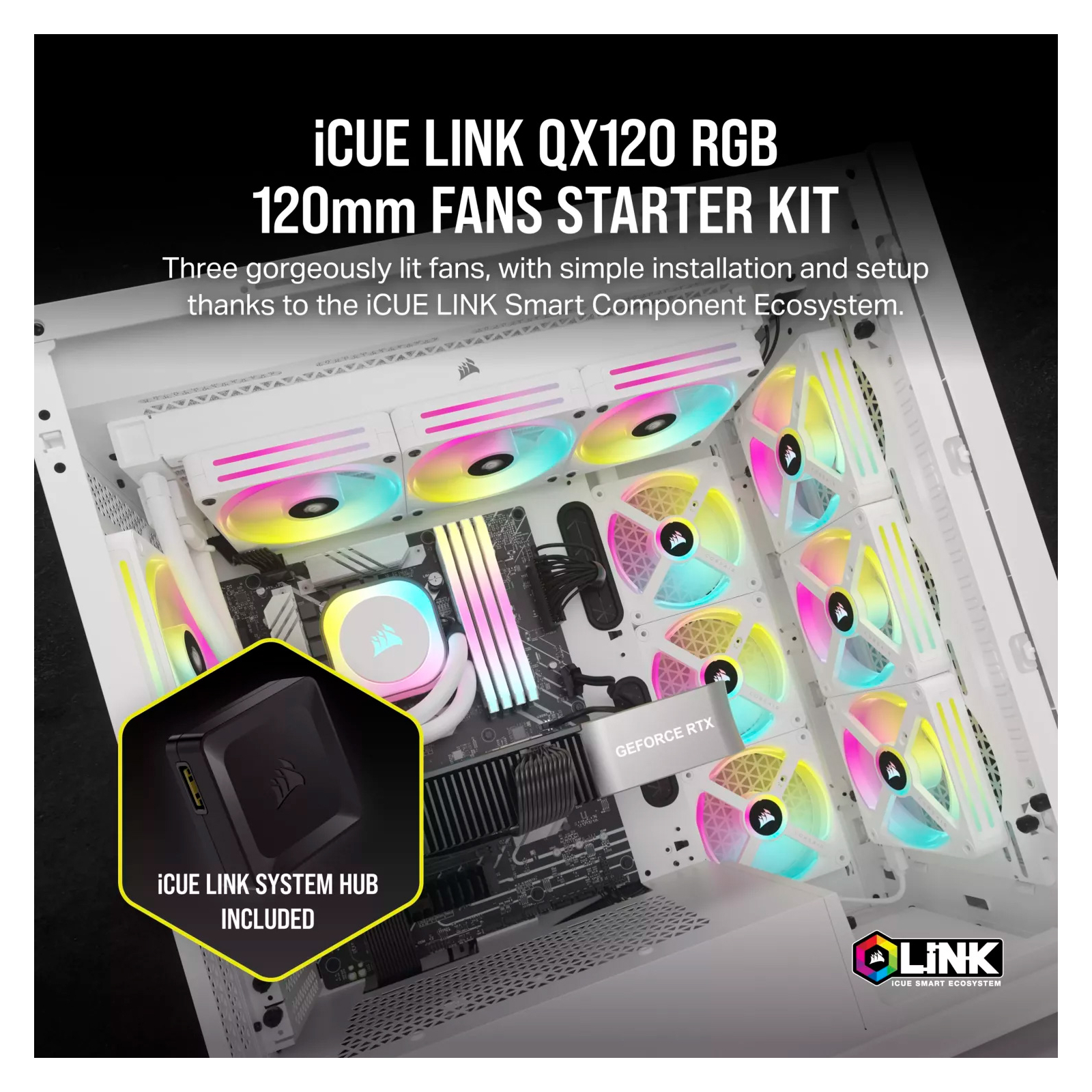 Кулер для корпуса Corsair iCUE Link QX120 RGB PWM PC Fans Starter Kit with iCUE Link System Hub W (CO-9051006-WW) изображение 12
