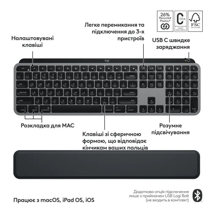 Комплект Logitech MX Keys S Combo для MAC Bluetooth/Wireles UA Space Grey (920-012845) изображение 4