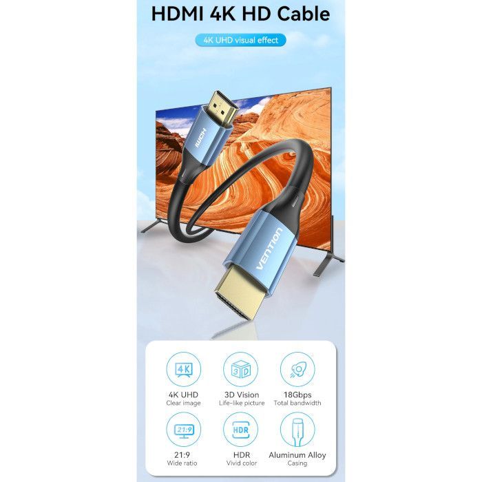 Кабель мультимедийный HDMI to HDMI 10.0m V2.0 4K 60Hz Aluminum Alloy Blue Vention (ALHSL) изображение 7