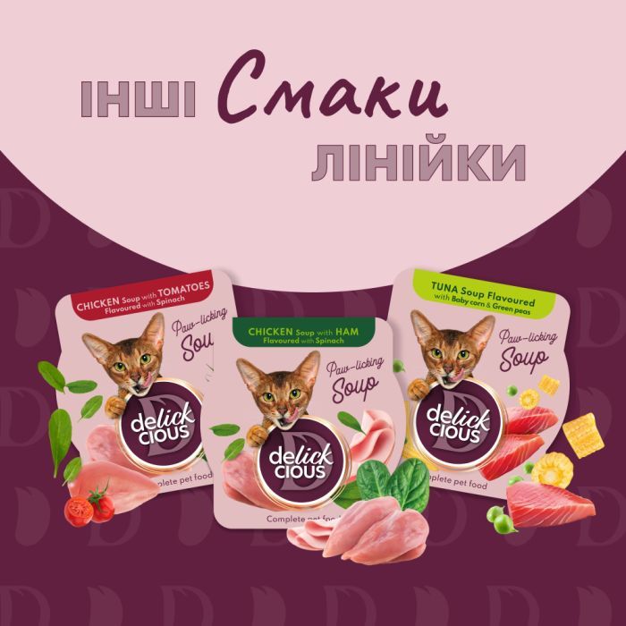 Вологий корм для кішок Delickcious Суп з сардини з креветками та додаванням гарбуза 80 г (4820269141568) зображення 7