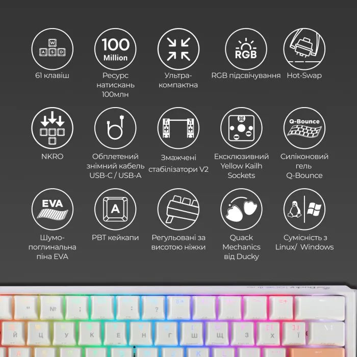 Клавиатура Ducky One 3 Mini Cherry MX Red RGB UA USB White (DKON2161ST-RUAPXPWWWSC1) изображение 4