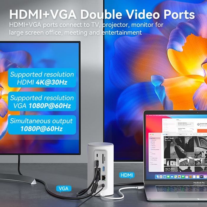 Концентратор Vention USB3.1 Type-C to HDMI/VGA/USB3.0x3/RJ45/SD/TF/TRRS 3.5m/PD/DC100W12-in-1 (TPHWC-EU) зображення 7