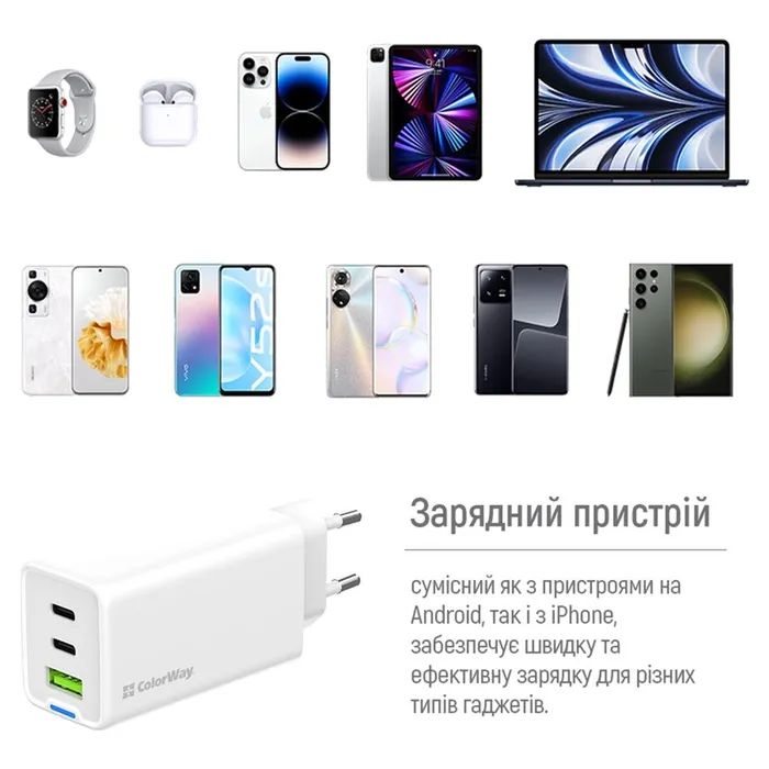 Зарядное устройство ColorWay GaN Mini 65W PD Port PPS USB (USB-2C1A) white (CW-CHS058PD-WT) изображение 12