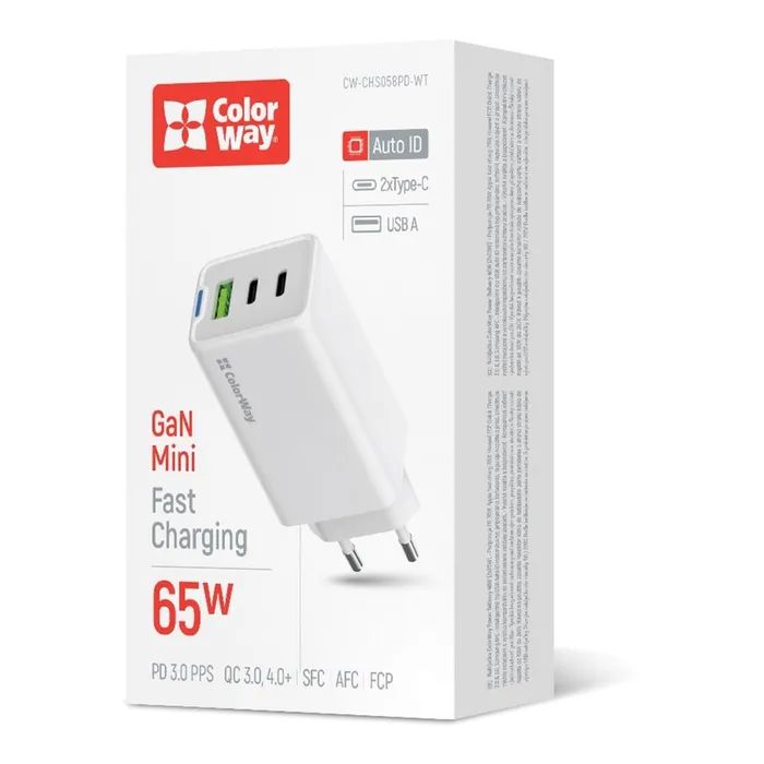 Зарядное устройство ColorWay GaN Mini 65W PD Port PPS USB (USB-2C1A) white (CW-CHS058PD-WT) изображение 6