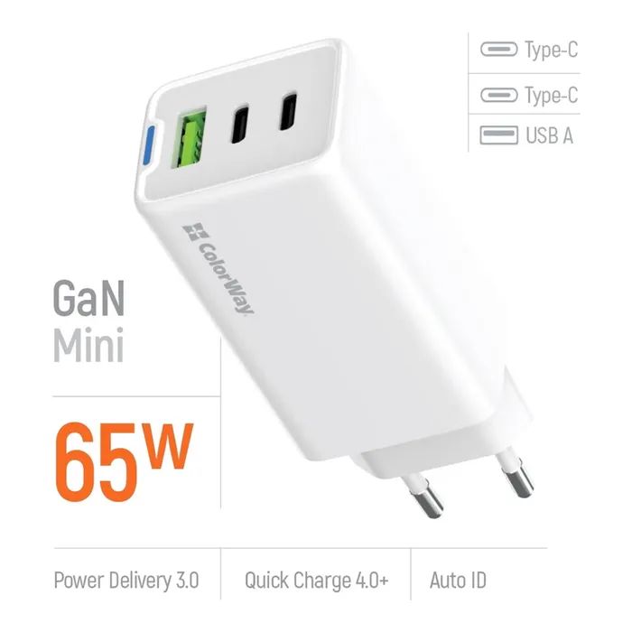 Зарядное устройство ColorWay GaN Mini 65W PD Port PPS USB (USB-2C1A) white (CW-CHS058PD-WT) изображение 7
