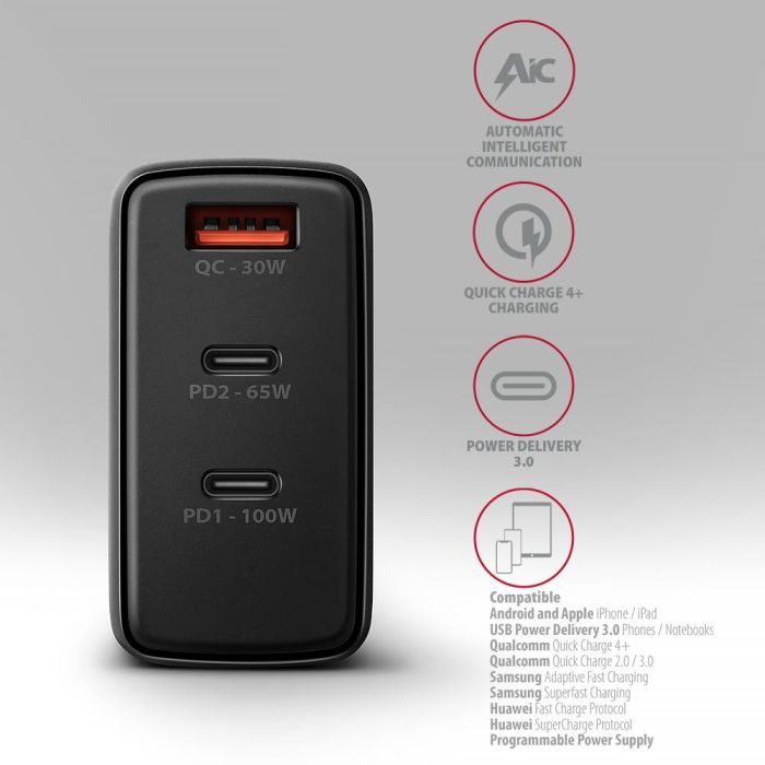 Зарядное устройство AXAGON 1xUSB + 2xUSB-C 100W QC4+ PD3.0 PPS black (ACU-DPQ100) изображение 5