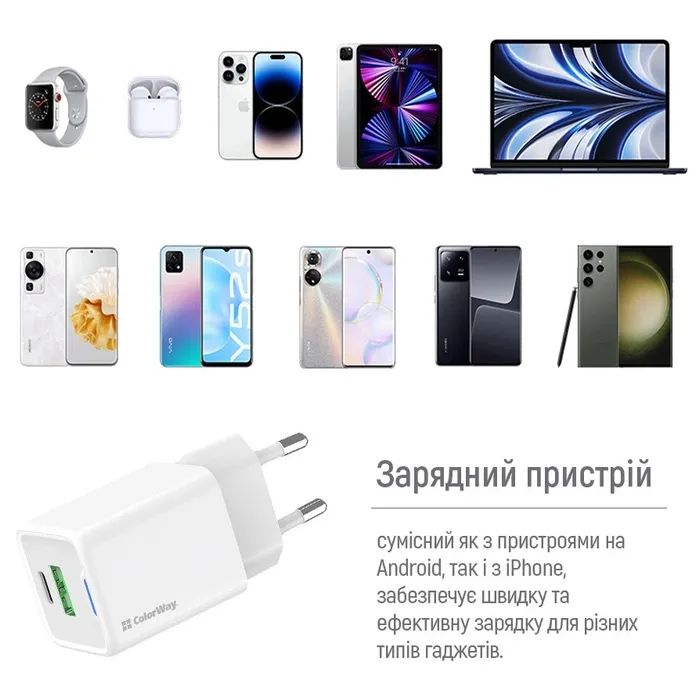 Зарядное устройство ColorWay USB-C PD20W + 1xUSB QC4.0 white (CW-CHS062PD-WT) изображение 11