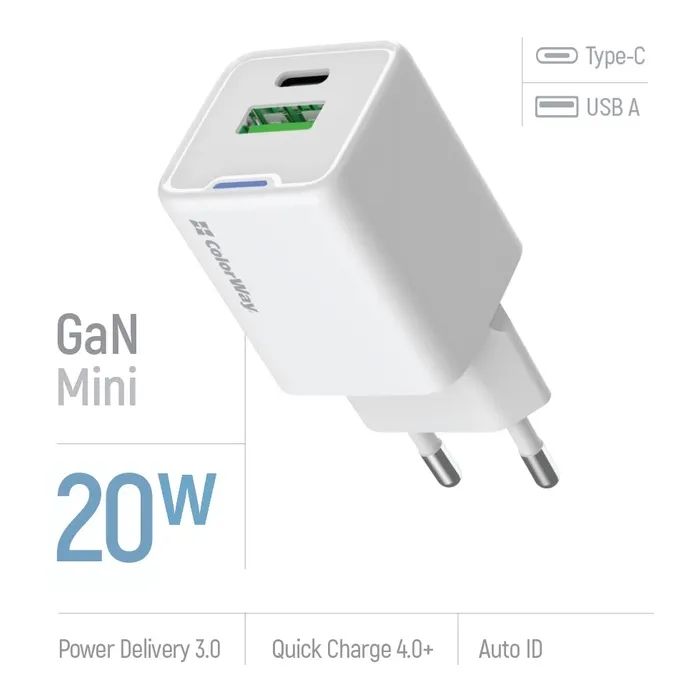 Зарядное устройство ColorWay USB-C PD20W + 1xUSB QC4.0 white (CW-CHS062PD-WT) изображение 6