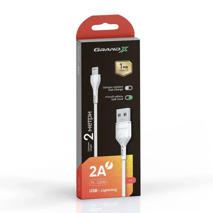 Дата кабель USB 2.0 AM to Lightning 2.0m 2A white Grand-X (PL-02W) изображение 2
