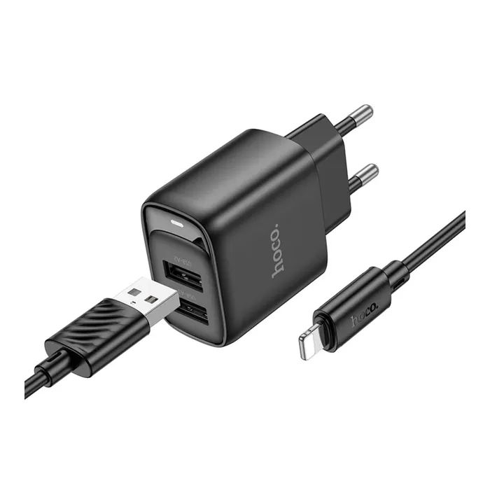 Зарядное устройство HOCO C141A 2xUSB + cable USB to Lightning white (6942007627870)