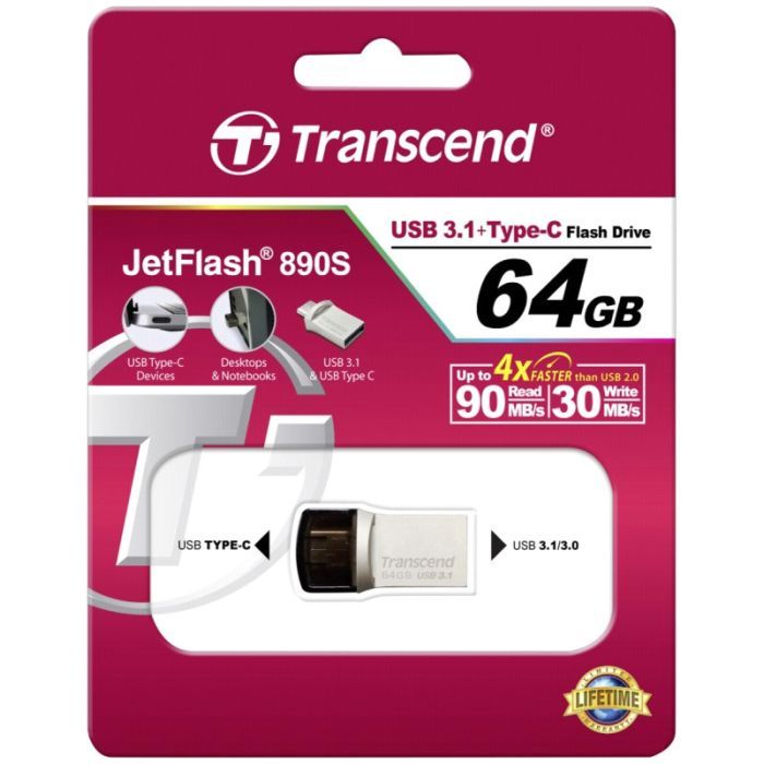 USB флеш накопитель Transcend 128GB JetFlash 890 Silver USB 3.1/Type-C (TS128GJF890S) изображение 5