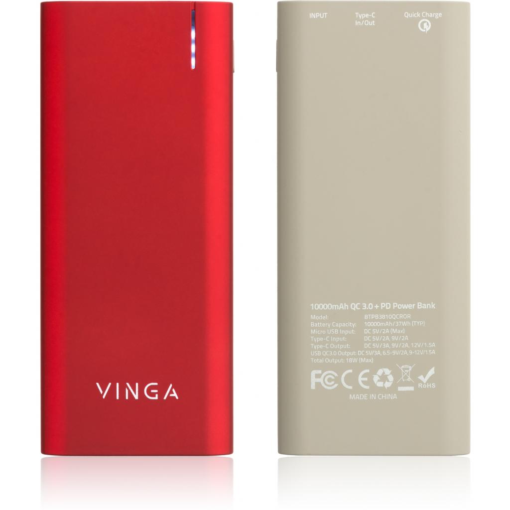 Батарея универсальная Vinga 10000 mAh soft touch red (BTPB3810QCROR) изображение 7