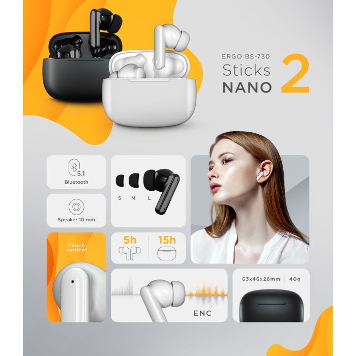 Навушники Ergo BS-730 Sticks Nano 2 White (BS-730W) зображення 8