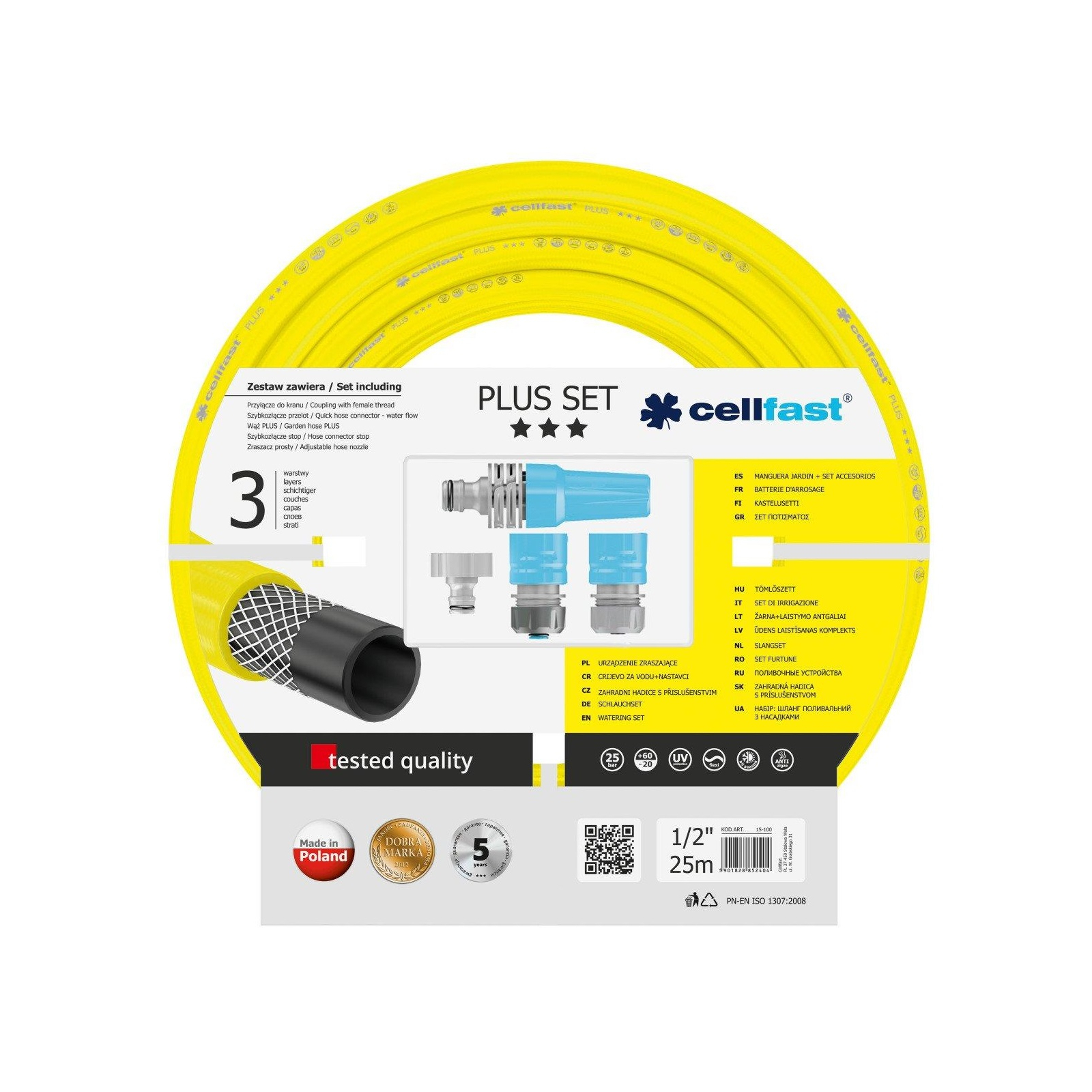 Поливочный шланг Cellfast набор PLUS, 1/2', 25м, 3 слоя, ороситель, комплект для подключения (10-290)