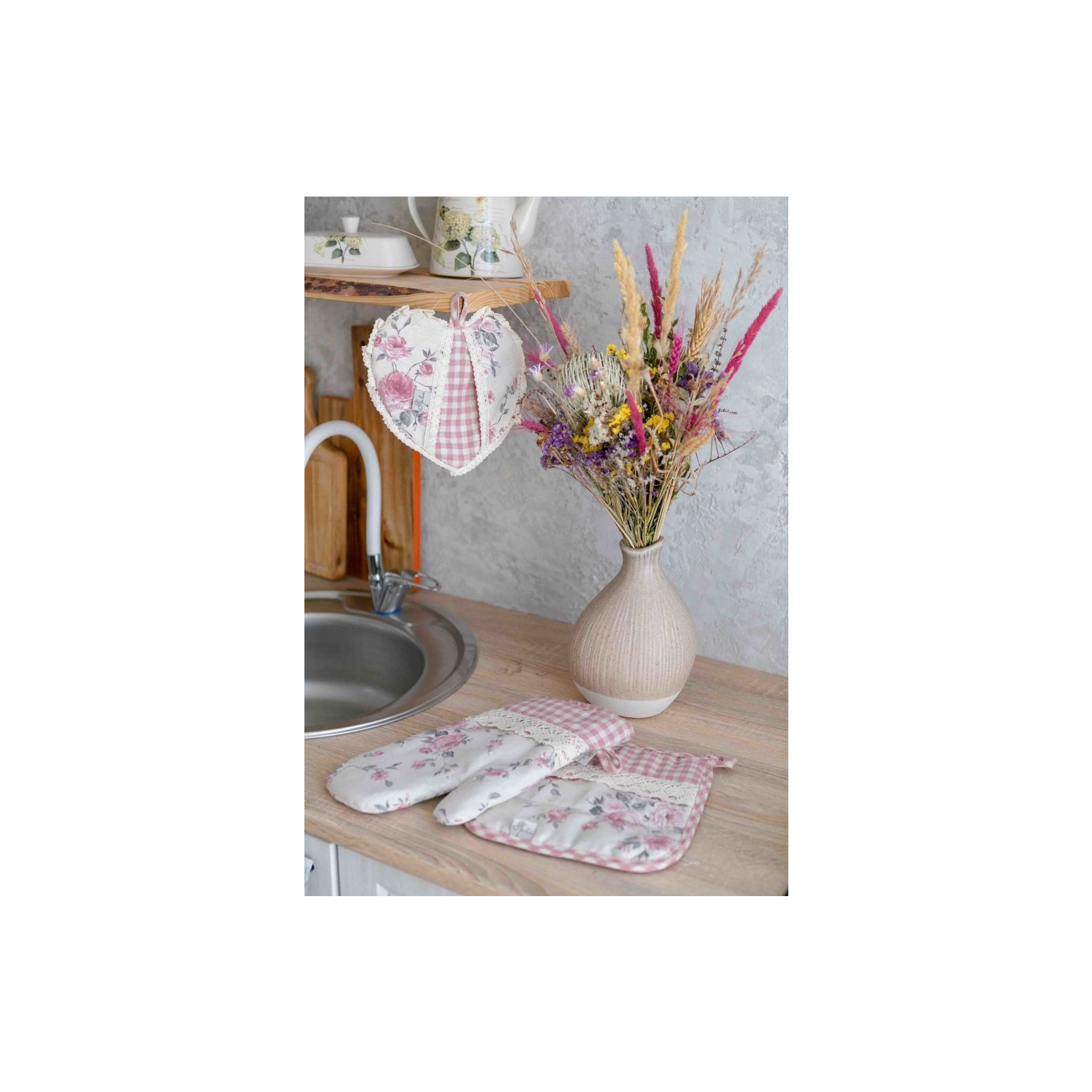 Кухонная прихватка Прованс сердце Bella Розы/Розовая клетка с кружевом (4823093416734) изображение 2