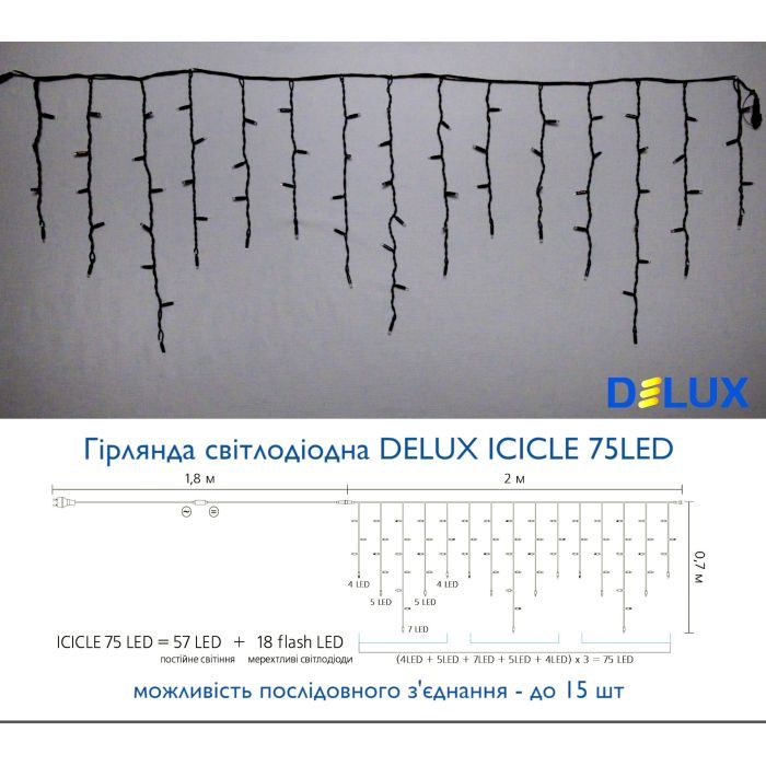 Гірлянда Delux Icicle 75LED 2x0.7m 18 flash білий/чорний IP44 EN (90012952) зображення 3