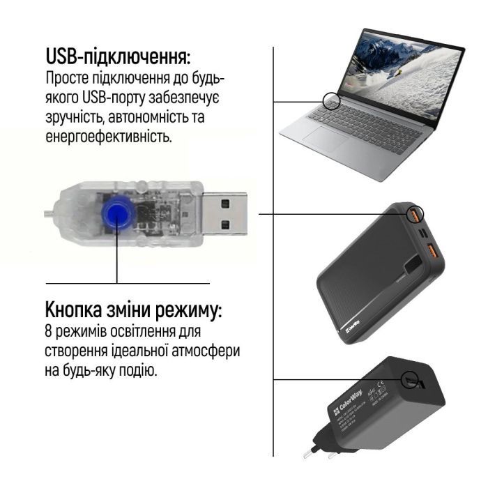 Гірлянда ColorWay Мішура LED 320 10 м 8 функцій теплий колір USB (CW-G-320L10U) зображення 12