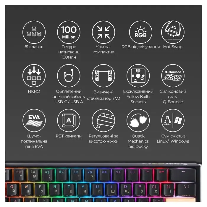 Клавиатура Ducky One 3 Mini Cherry MX Silent Red RGB UA USB Black (DKON2161ST-SUAPXCLAWSC1) изображение 4