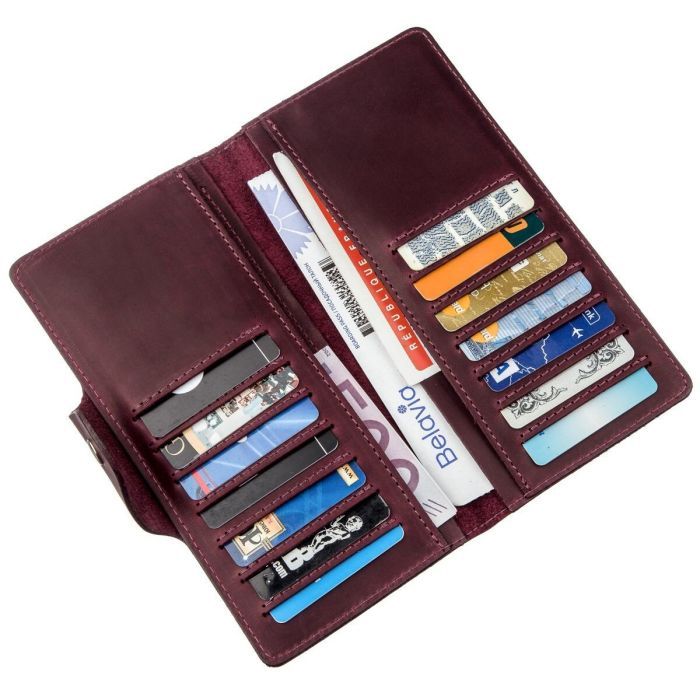 Гаманець Shvigel Жіночий вертикальний З вінтажної шкіри на кнопках Бордовий (16178) зображення 6