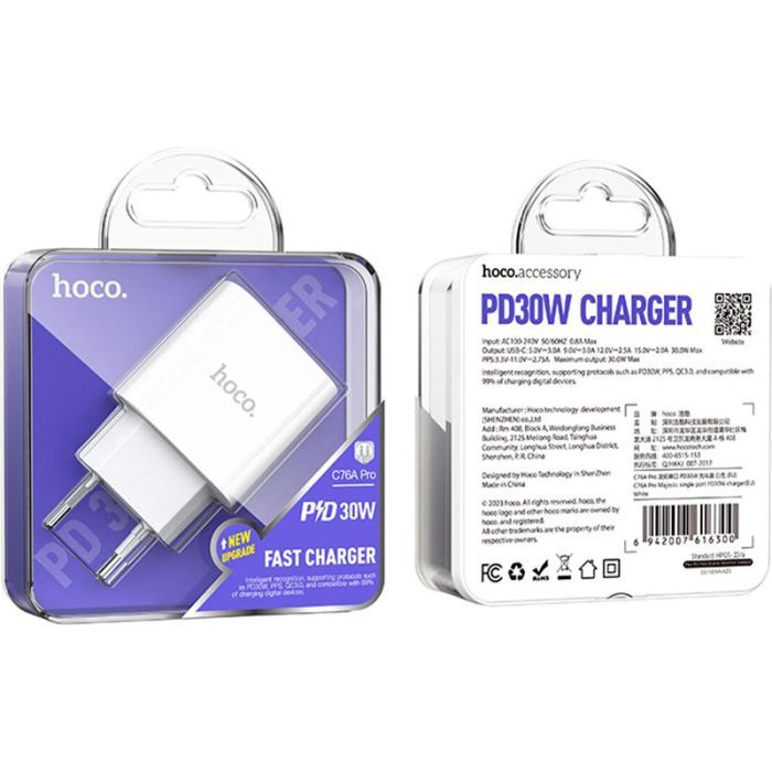 Зарядний пристрій HOCO C76A Pro Majestic USB-C PD30W White (6942007616300) зображення 6