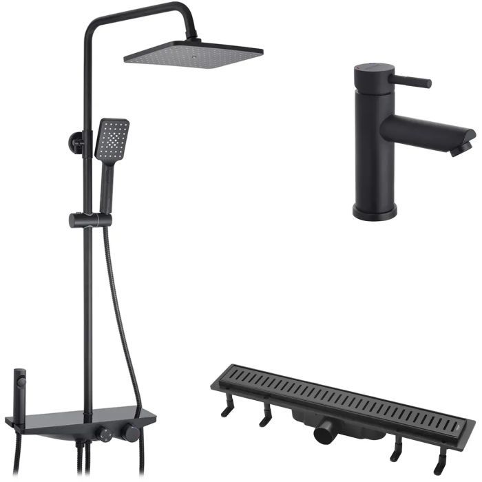 Душевой гарнитур Kroner Armada-SCH066 + змішувач Edelstahl Klassisch-SCH010 + трап лінійний Harz SCH60 Sektion Schwarz (CVS30169)