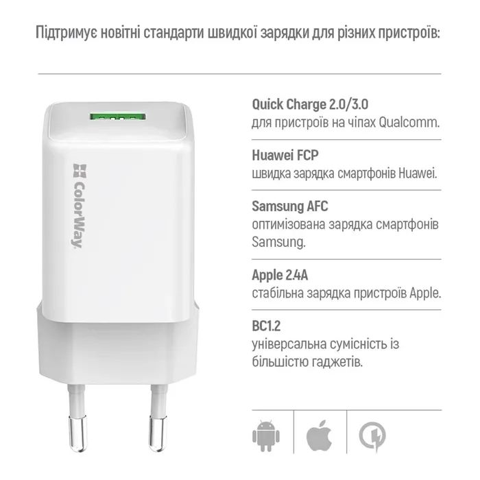 Зарядний пристрій ColorWay USB QC3.0 18W white (CW-CHS063Q-WT) зображення 7
