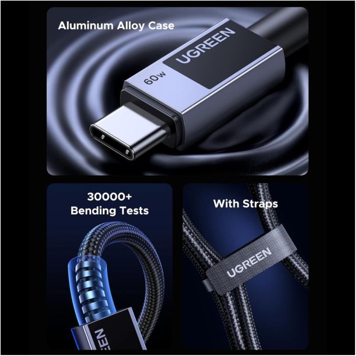 Дата кабель USB-C to USB-C 2.0m PD60W 3A braided L524 gray Ugreen (55775) изображение 5