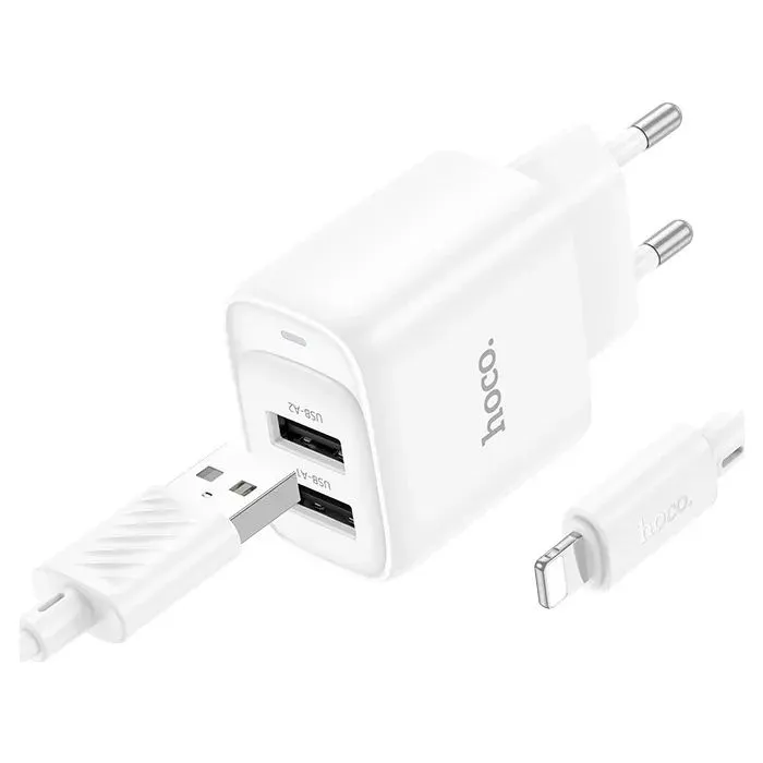 Зарядное устройство HOCO C141A 2xUSB + cable USB to Lightning white (6942007627870)
