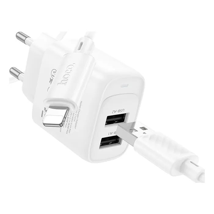Зарядное устройство HOCO C141A 2xUSB + cable USB to Lightning black (6942007627863) изображение 2