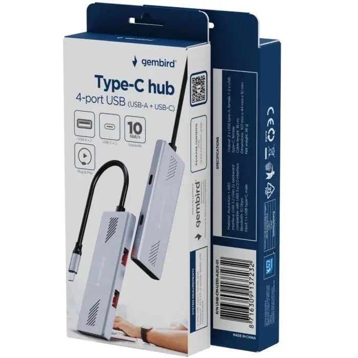 Концентратор Gembird USB-C 4-in-1 2xUSB 3.2 + 2xUSB-C 3.2 silver (UHB-CM-U310-A2C2-01) зображення 4