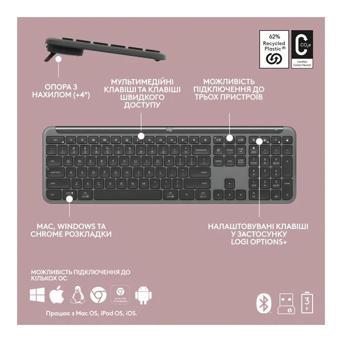 Клавіатура Logitech K950 Bluetooth/Wireless UA Graphite (920-012465) зображення 8