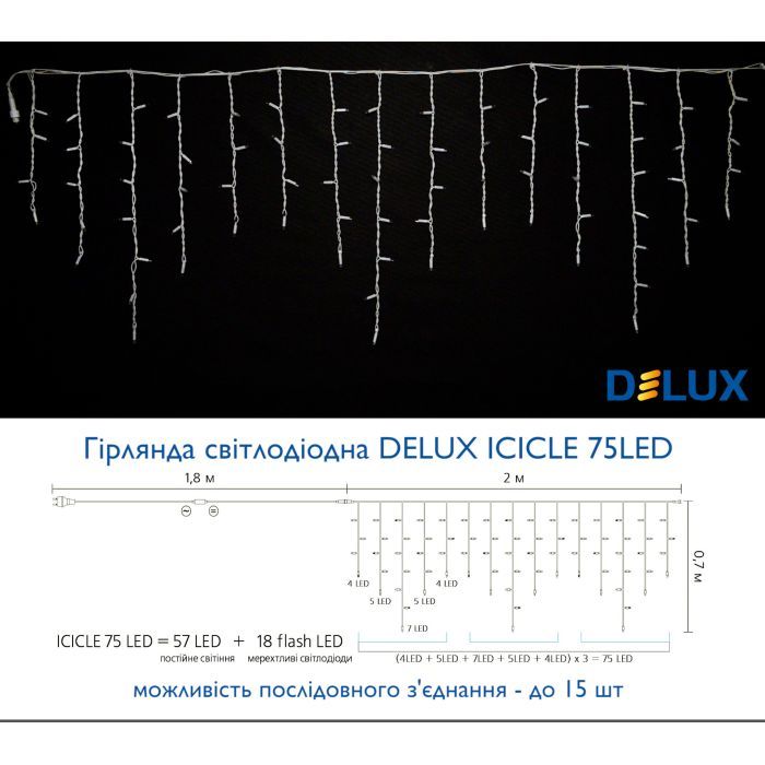 Гірлянда Delux Icicle 75LED 2x0.7m 18 flash теплий білий/білий IP44 EN (90012959) зображення 3