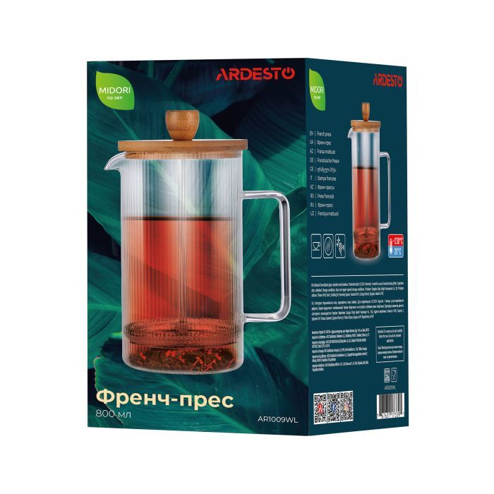 Френч-прес Ardesto Midori, 800мл, боросилікатне скло, бамбук, прозорий (AR1009WL) зображення 8