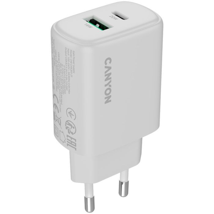 Зарядний пристрій Canyon OnCharge 200 20W 1xPD 1xQC EU White (CNE-CHA200-21) зображення 2