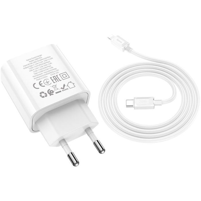 Зарядний пристрій HOCO C80A Plus Rapido 1xUSB-C PD20W + 1xUSB QC3.0 + cable USB-C to Lightning White (6931474779892) зображення 4
