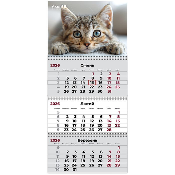 Календарь Axent настенный квартальный 2026 г.,3 пружины Cats 1 (8803-26-13-A)