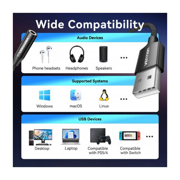 Звукова плата Vention USB AM to 3.5mm F 0.25m (4pin) 96kHz/24bit DSP noise reduction (CVEBC) зображення 6