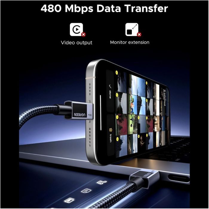 Дата кабель USB-C to USB-C 2.0m PD60W 3A braided L524 gray Ugreen (55775) изображение 3