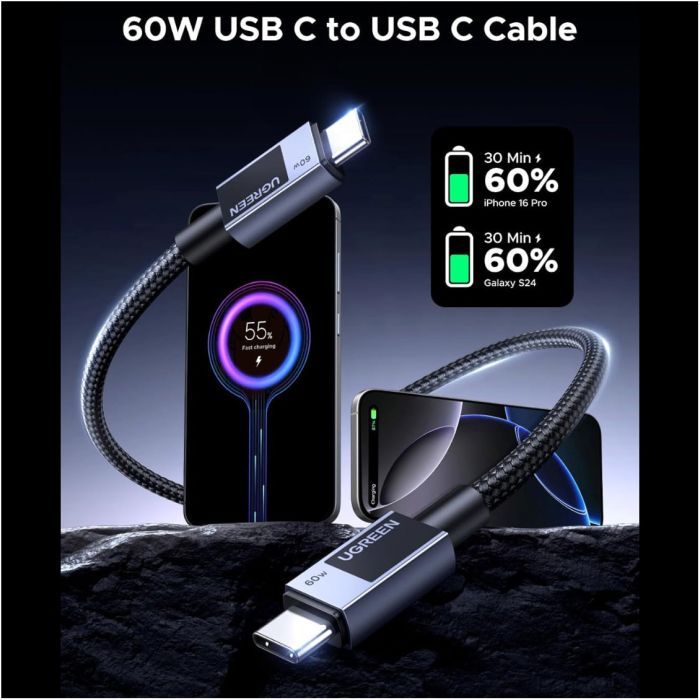 Дата кабель USB-C to USB-C 2.0m PD60W 3A braided L524 gray Ugreen (55775) изображение 4