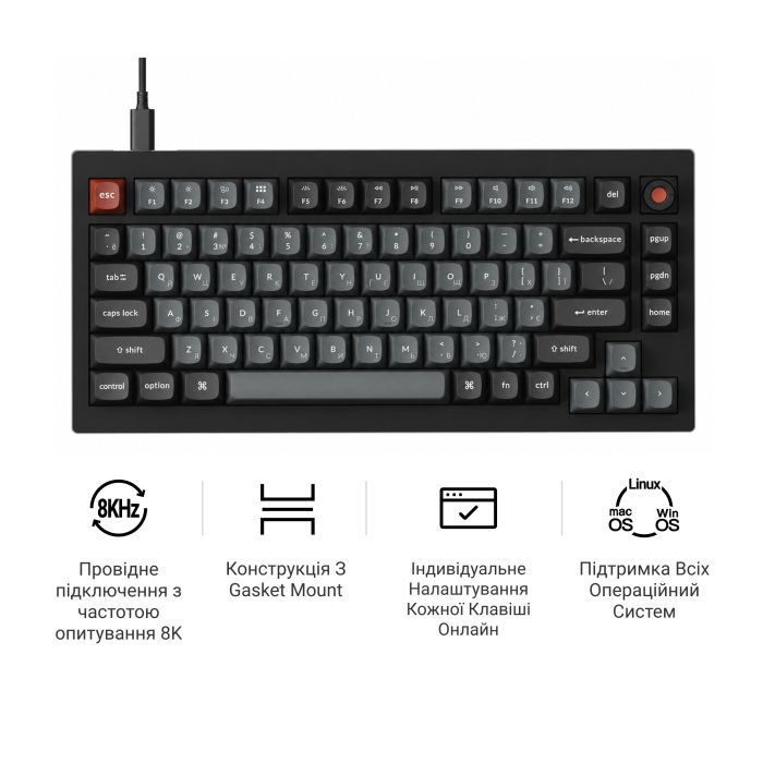 Клавіатура Keychron V1 8K Keychron Super Red Switch RGB USB UA Black (V1W-D1-UA) зображення 8