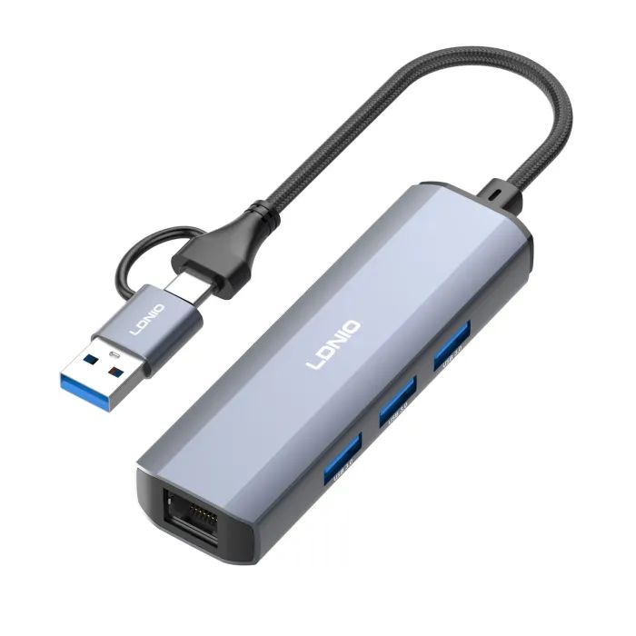 Концентратор LDNIO USB-A + USB-C 4-in-1 3xUSB 3.0 + 1xRJ45 (DS-124UC) изображение 3