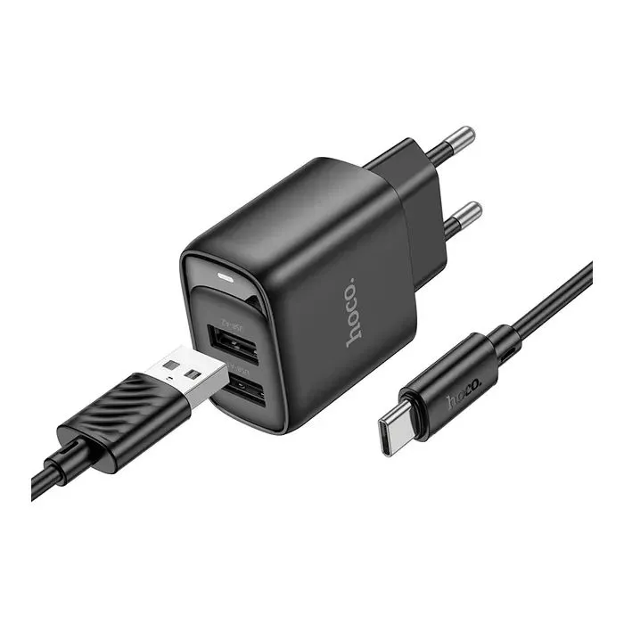 Зарядное устройство HOCO C141A 2xUSB + cable USB to USB-C black (6942007627900)