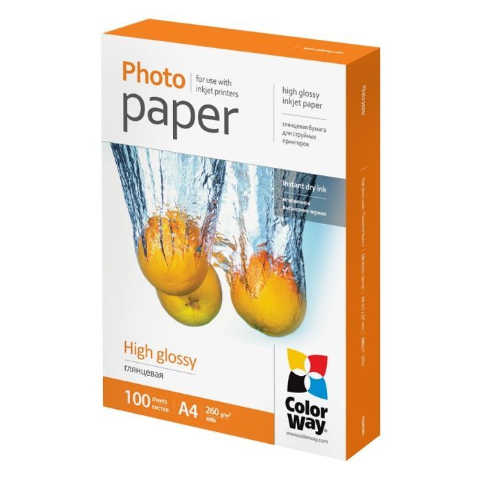 Фотобумага ColorWay A4 260г glossy 100ст, карт.уп. (PG260100A4)
