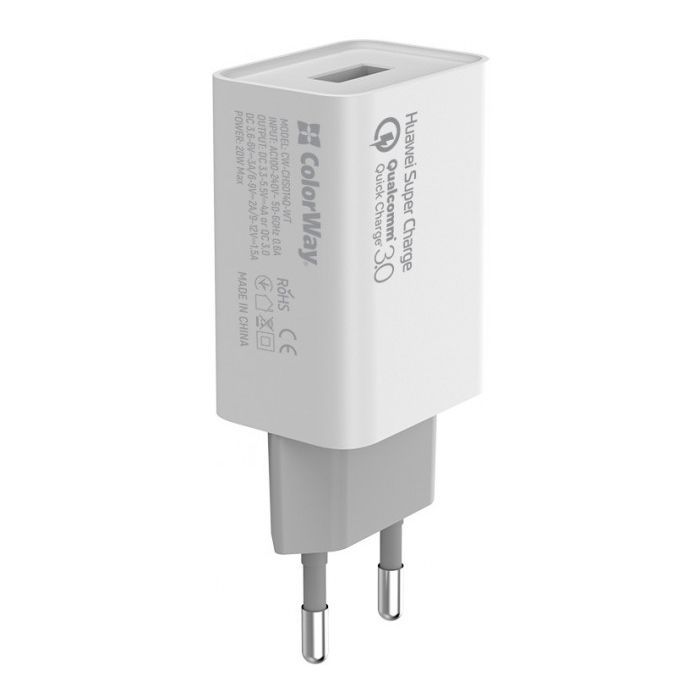 Зарядний пристрій ColorWay 1USB Huawei Super Charge/Quick Charge 3.0, 4A (20W) (CW-CHS014Q-WT) зображення 2