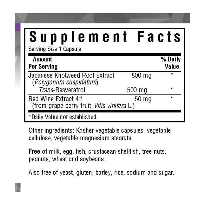 Травы Bluebonnet Nutrition Ресвератрол 500 мг, Beautiful Ally, Resveratrol 500 мg, 30 (BLB0878) изображение 2