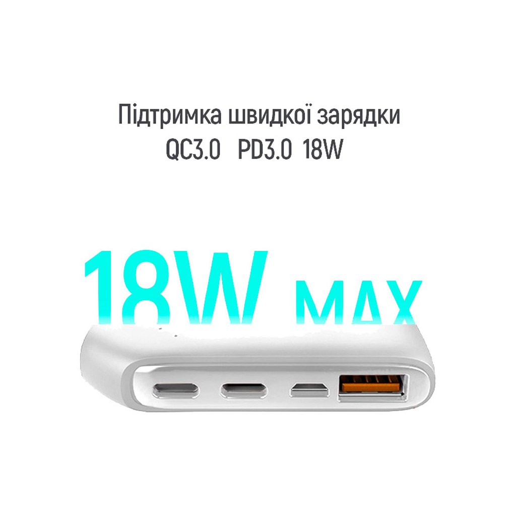 Батарея універсальна ColorWay 10 000 mAh Soft touch (USB QC3.0 + USB-C Power Delivery 18W) (CW-PB100LPE3BK-PD) зображення 4