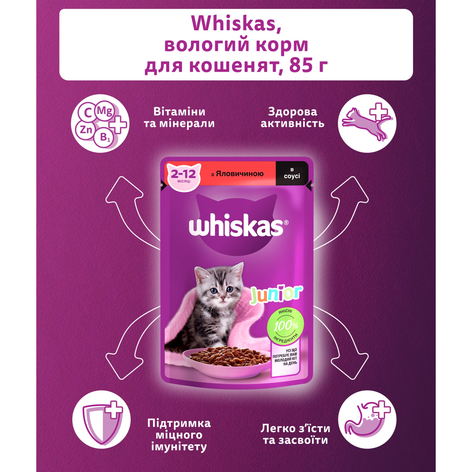 Влажный корм для кошек Whiskas Kitten Говядина в соусе 85 г (5900951301957) изображение 5